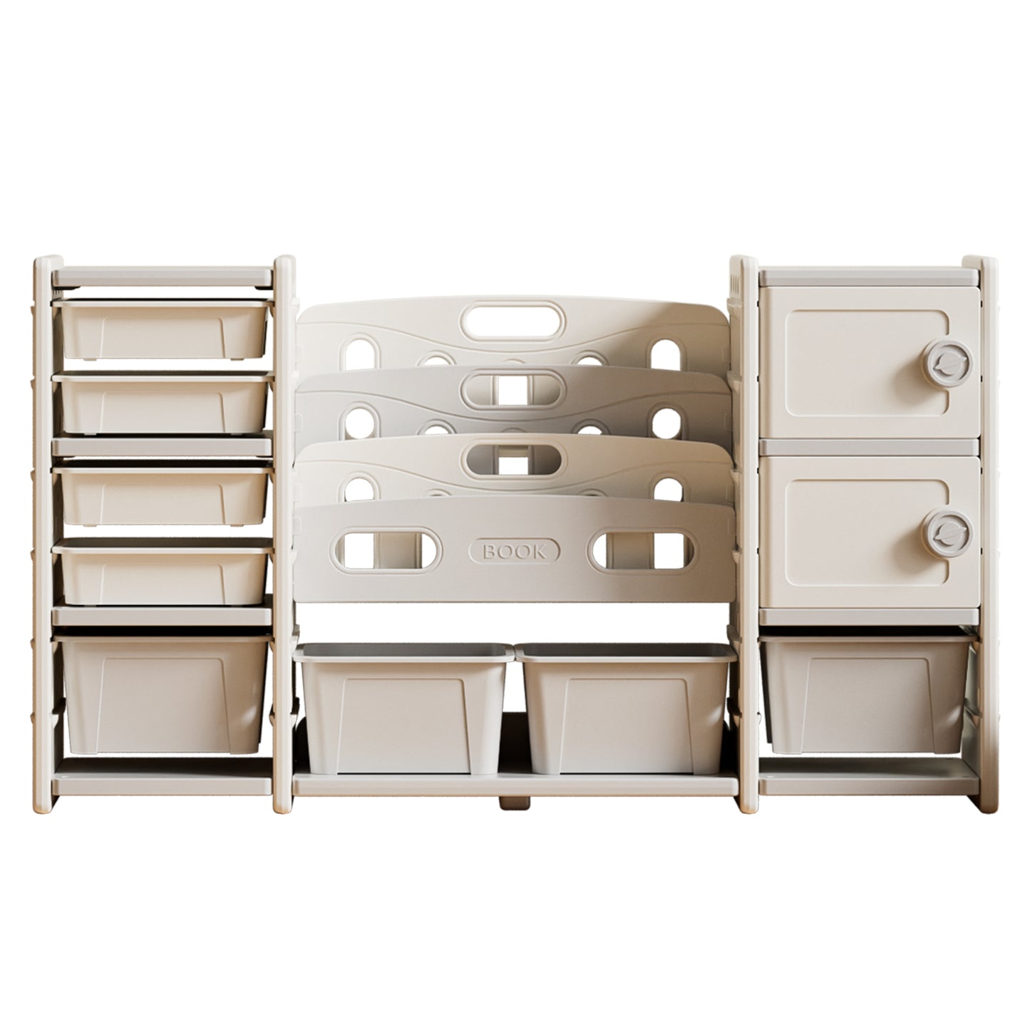 All-in-One Kids Playroom Organizer: 4-Shelf Book Display, 8 Toy Bins, and Double Storage Cabinets – Space-Saving Children’s Furniture