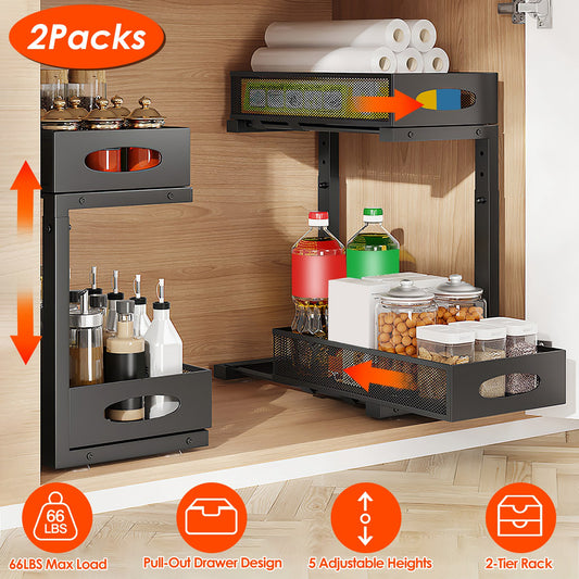 2Pcs Under Sink Organizer 2-Tier Pull-Out Storage Rack with Adjustable Mesh Baskets for Kitchen, Bathroom & Home Cabinet Storage