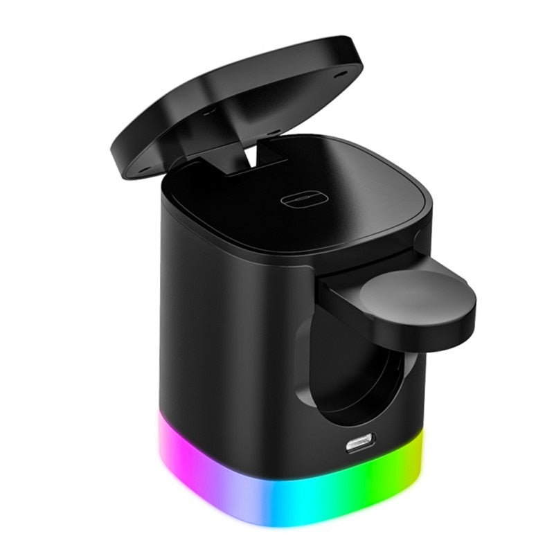 3-in-1 Magnetic Wireless Fast Charging Station with RGB Ambient Light for Smartphone, Apple Watch & AirPods