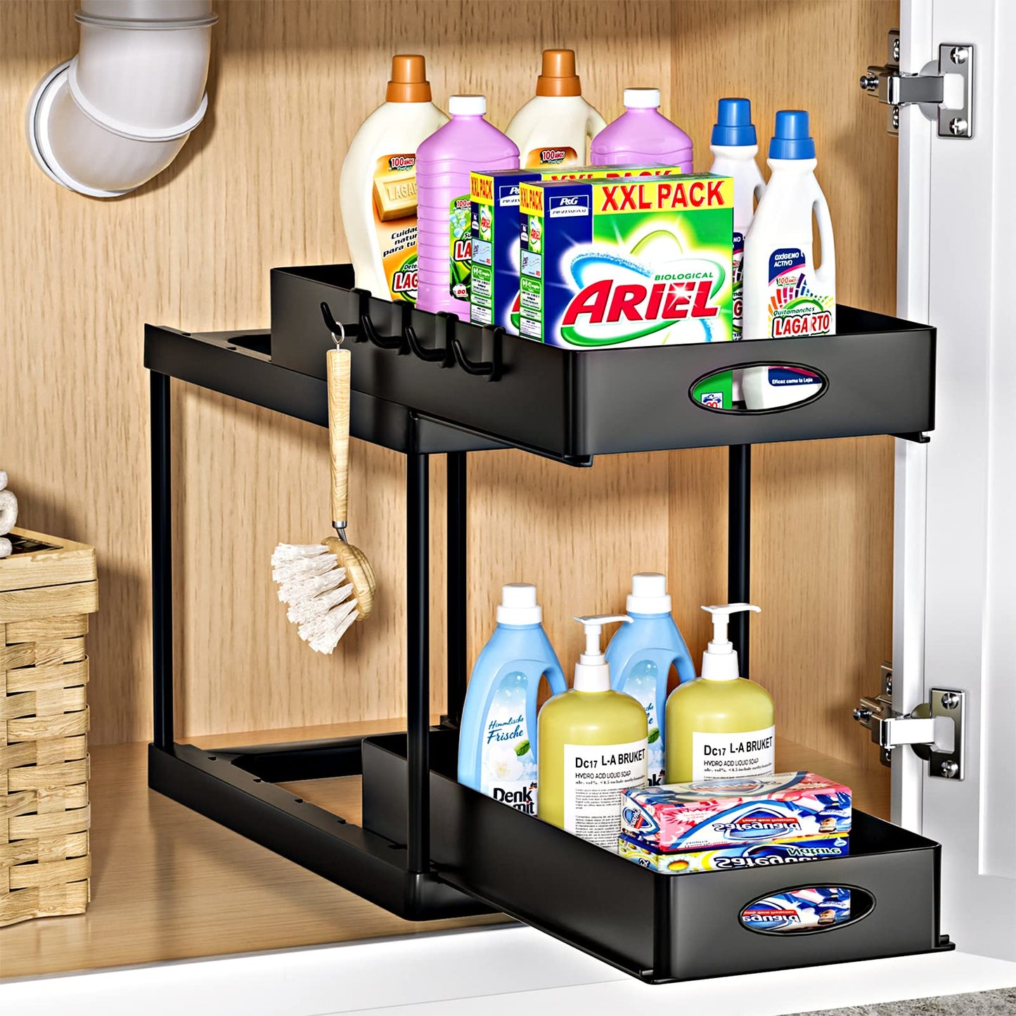 Dual Sliding Under Sink Organizer – Adjustable Cabinet Storage Rack for Kitchen & Bathroom