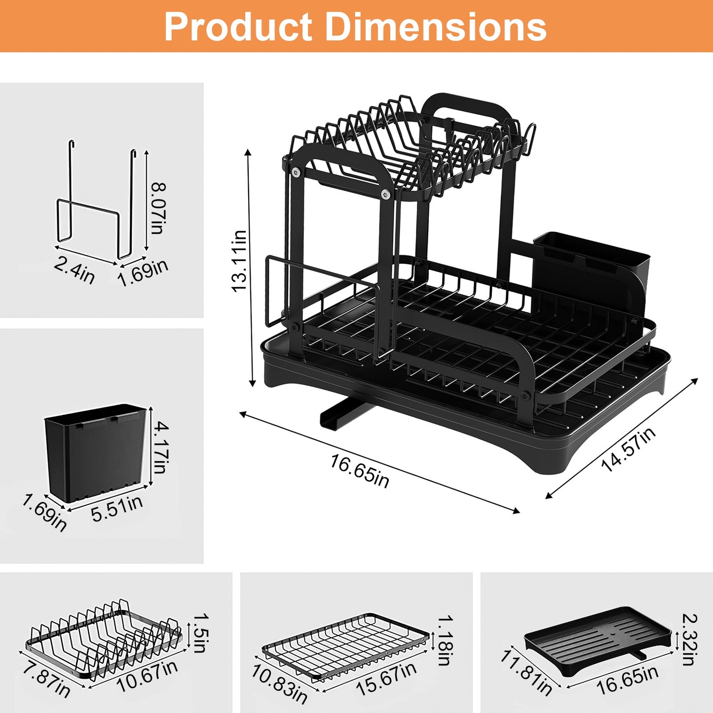 2-Tier Dish Drying Rack with Utensil Holder & Drainboard for Kitchen Counter