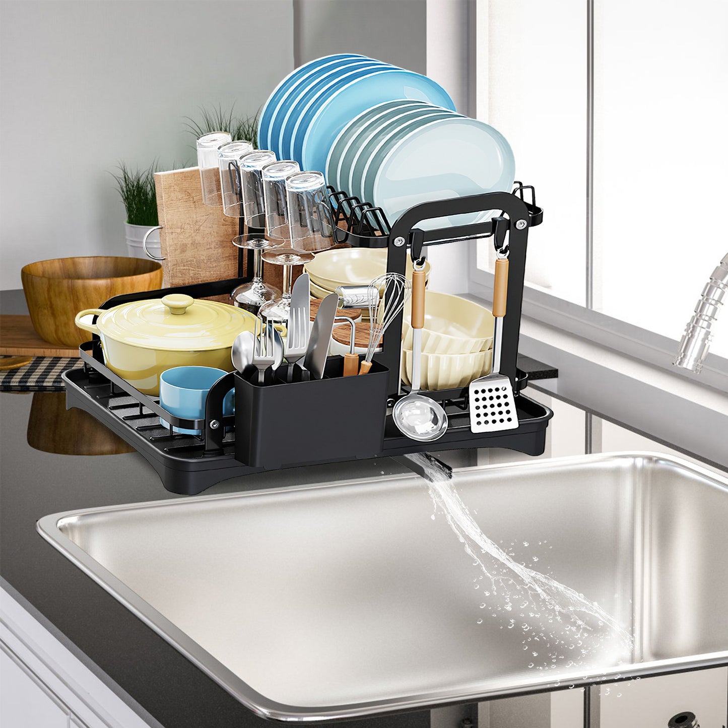 2-Tier Dish Drying Rack with Utensil Holder & Drainboard for Kitchen Counter