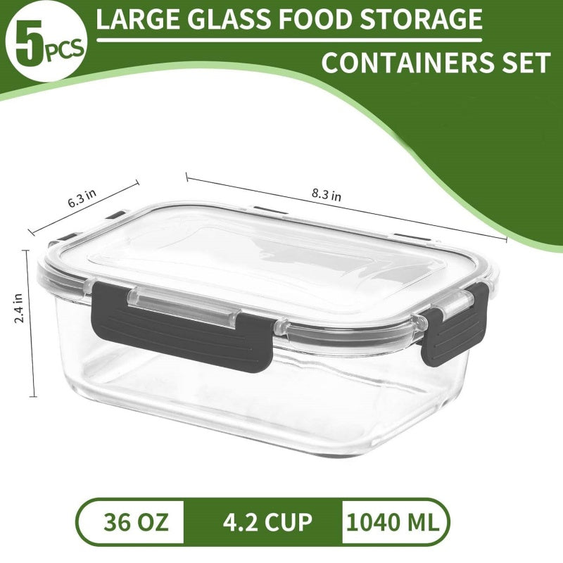 5-Piece Glass Food Storage Containers with Airtight Lids - Leak-Proof Glass Meal Prep Set for Kitchen & Fridge