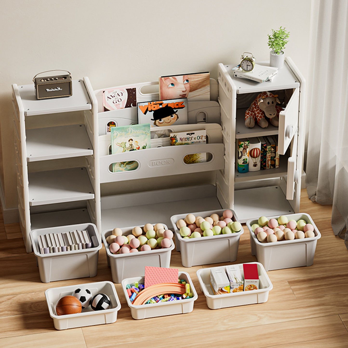 All-in-One Kids Playroom Organizer: 4-Shelf Book Display, 8 Toy Bins, and Double Storage Cabinets – Space-Saving Children’s Furniture