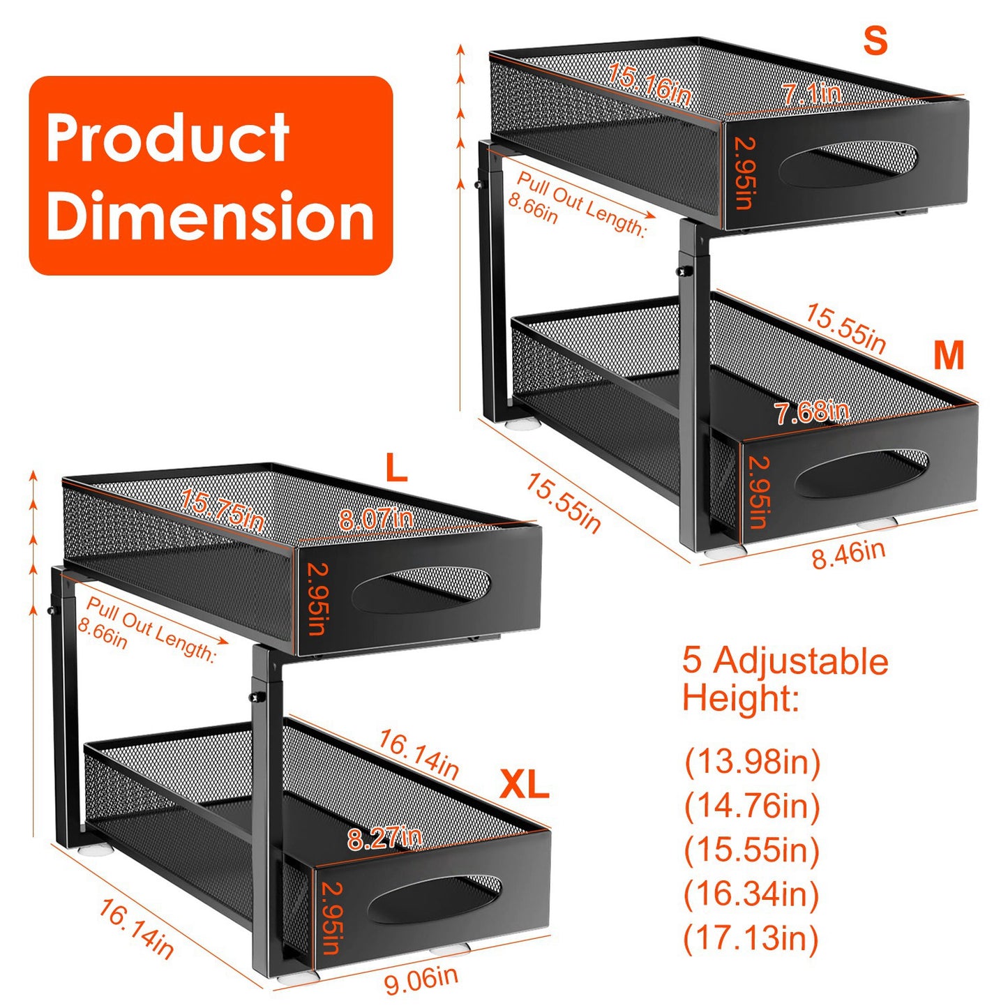 2Pcs Under Sink Organizer 2-Tier Pull-Out Storage Rack with Adjustable Mesh Baskets for Kitchen, Bathroom & Home Cabinet Storage