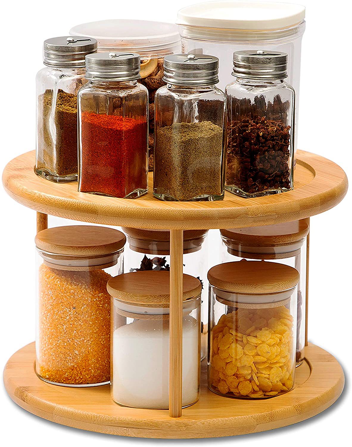 2-Tier Round Bamboo Turntable Cabinet Organizer - 360° Rotating Spice Rack and Kitchen Countertop Storage