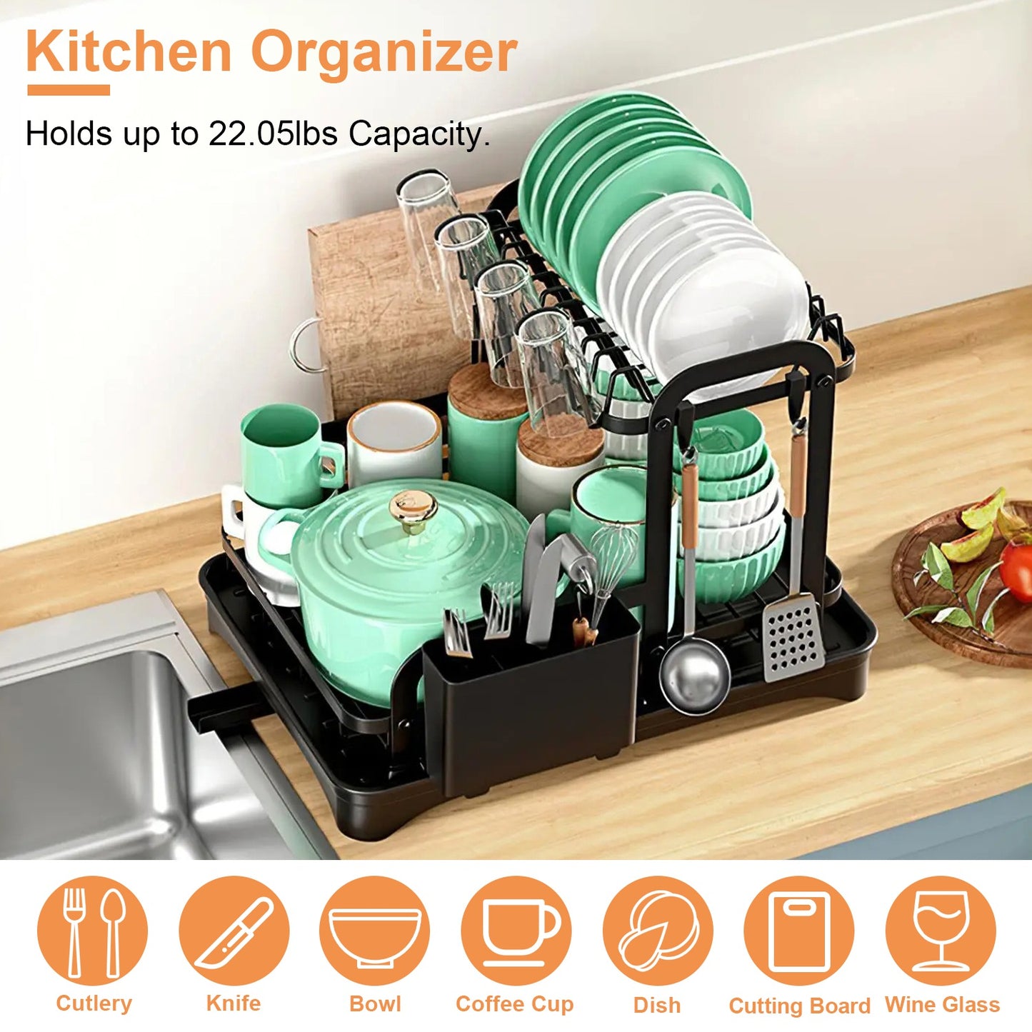 2-Tier Dish Drying Rack with Utensil Holder & Drainboard for Kitchen Counter
