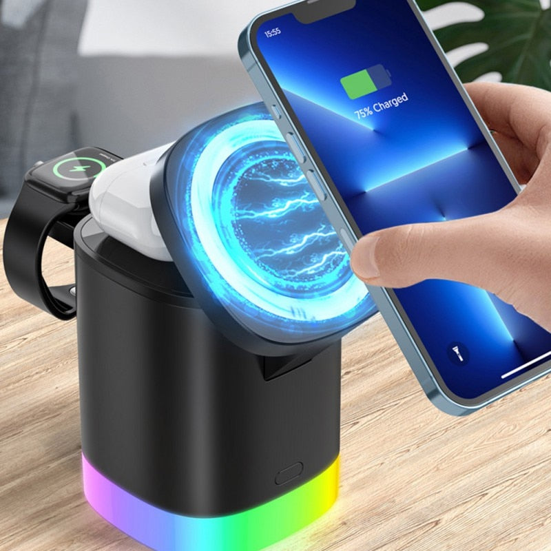 3-in-1 Magnetic Wireless Fast Charging Station with RGB Ambient Light for Smartphone, Apple Watch & AirPods