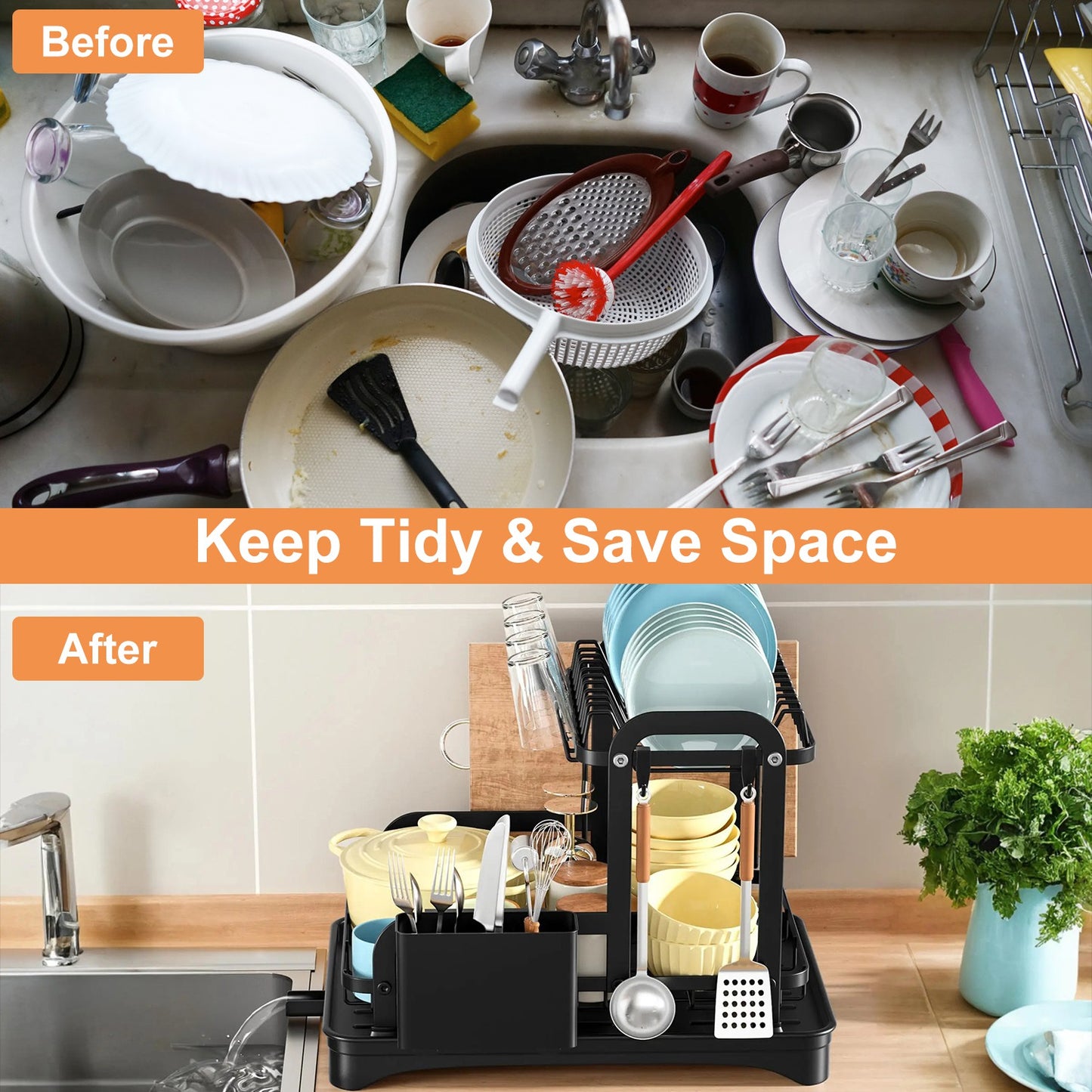 2-Tier Dish Drying Rack with Utensil Holder & Drainboard for Kitchen Counter