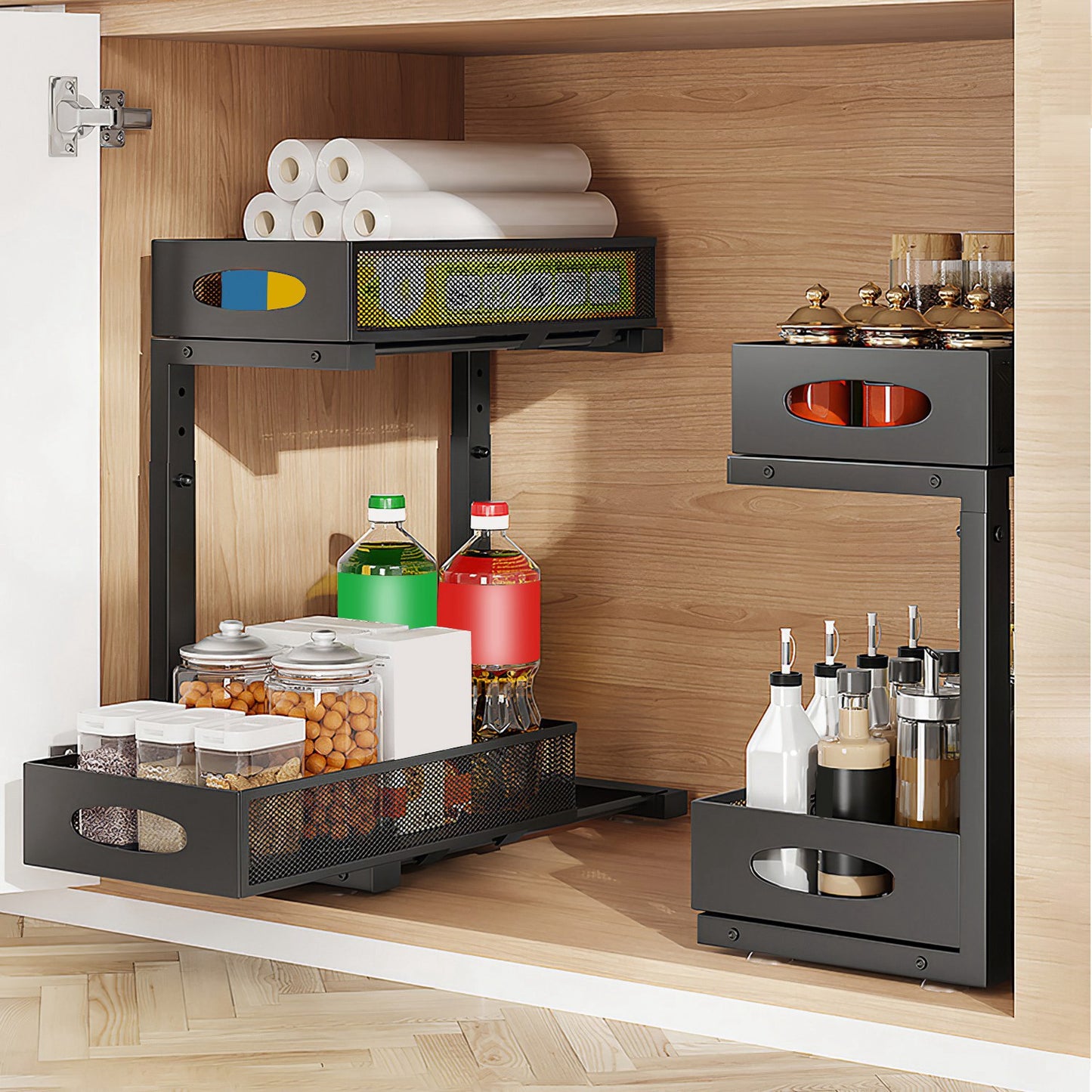 2Pcs Under Sink Organizer 2-Tier Pull-Out Storage Rack with Adjustable Mesh Baskets for Kitchen, Bathroom & Home Cabinet Storage