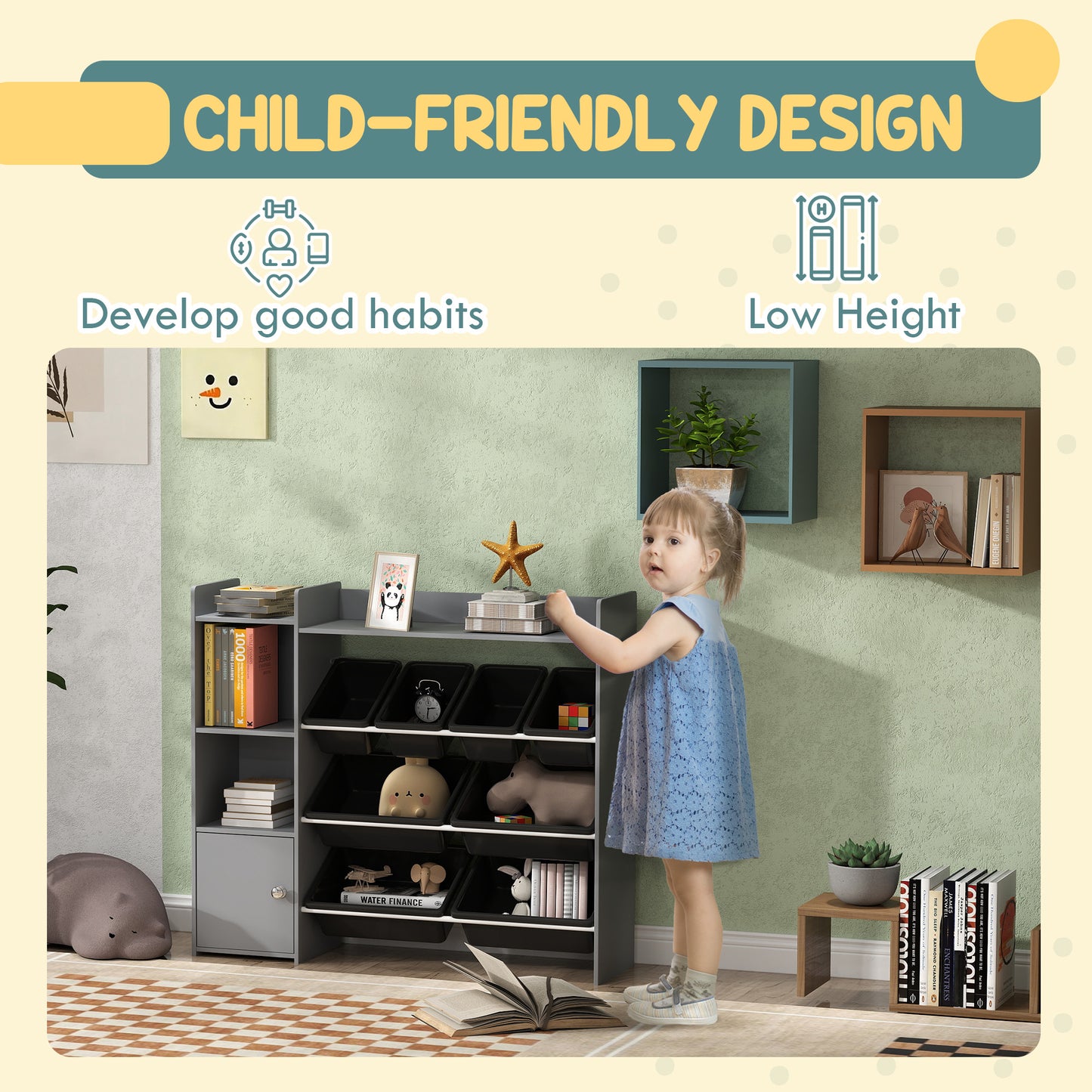 All-in-One Kids Toy Storage Organizer with 8 Removable Bins, 2 Storage Cubbies, Display Shelf, and Pull-Out Drawer – Gray Playroom Furniture