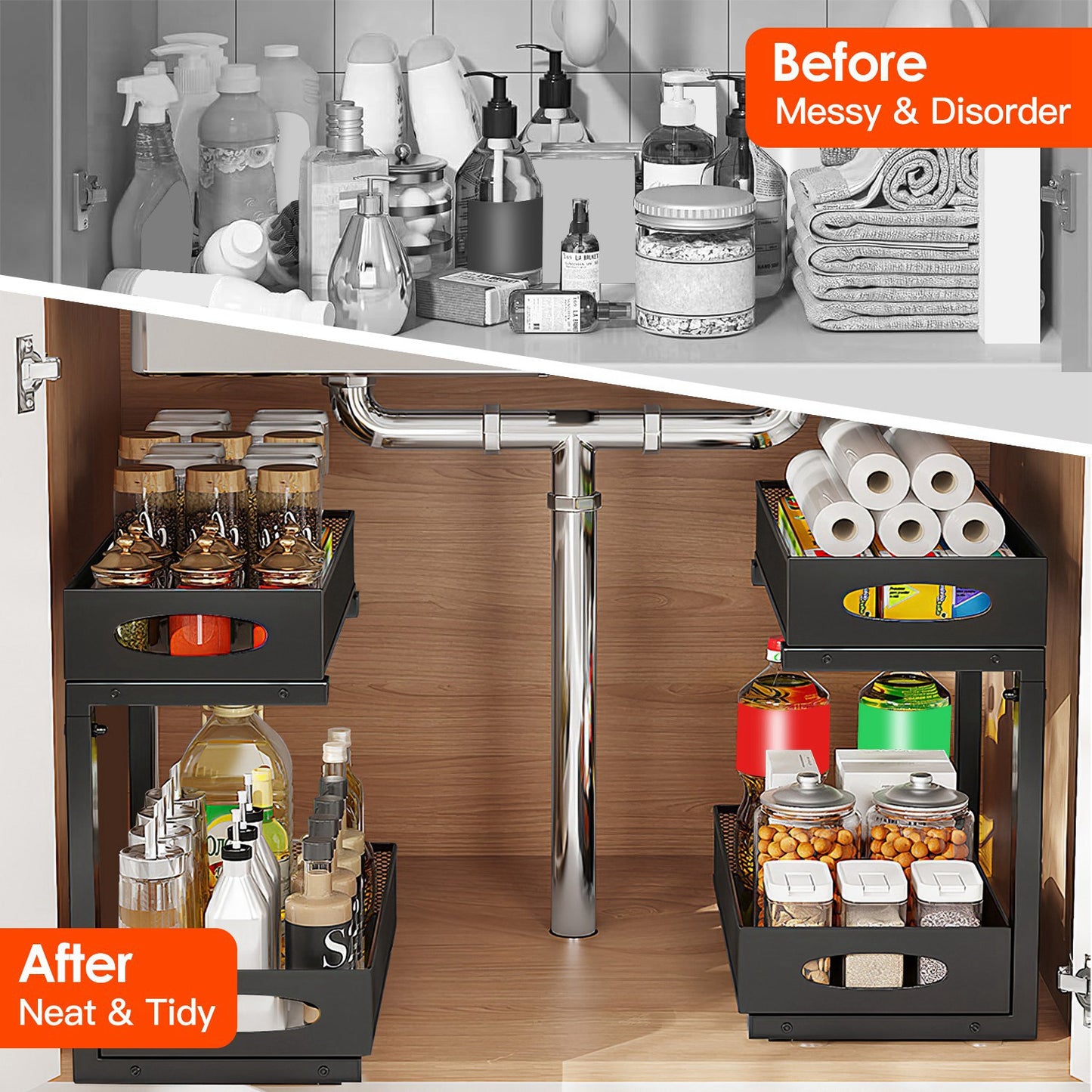 2Pcs Under Sink Organizer 2-Tier Pull-Out Storage Rack with Adjustable Mesh Baskets for Kitchen, Bathroom & Home Cabinet Storage