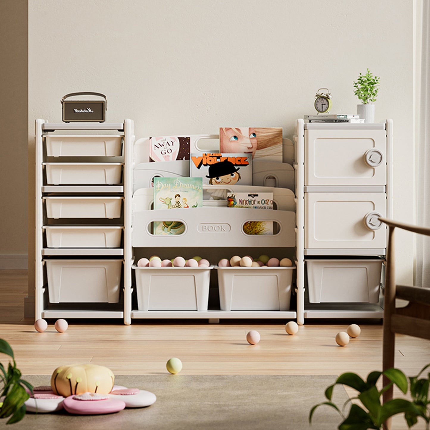 All-in-One Kids Playroom Organizer: 4-Shelf Book Display, 8 Toy Bins, and Double Storage Cabinets – Space-Saving Children’s Furniture