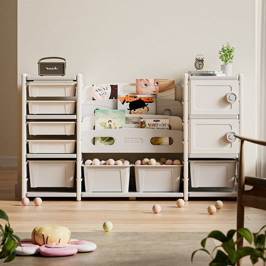 All-in-One Kids Playroom Organizer: 4-Shelf Book Display, 8 Toy Bins, and Double Storage Cabinets – Space-Saving Children’s Furniture