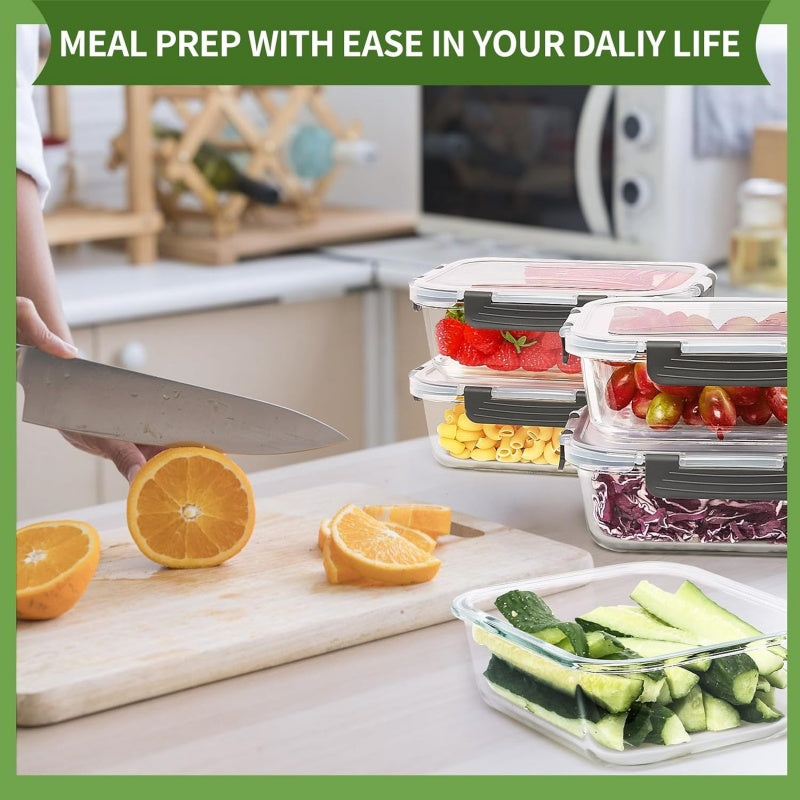 5-Piece Glass Food Storage Containers with Airtight Lids - Leak-Proof Glass Meal Prep Set for Kitchen & Fridge