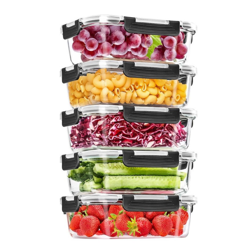 5-Piece Glass Food Storage Containers with Airtight Lids - Leak-Proof Glass Meal Prep Set for Kitchen & Fridge