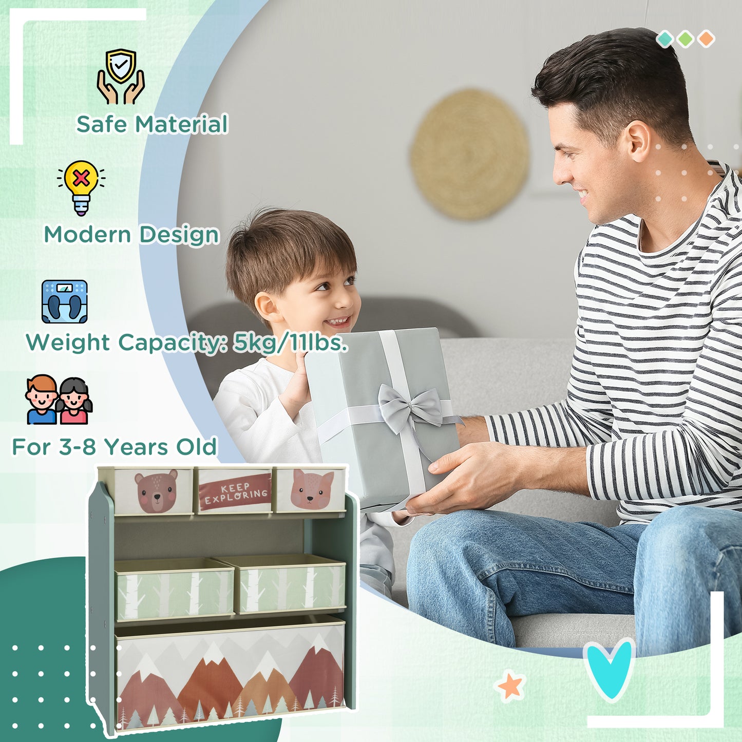 Toy Organizer with 6 Storage Bins, 25" x 12" x 26", Green
