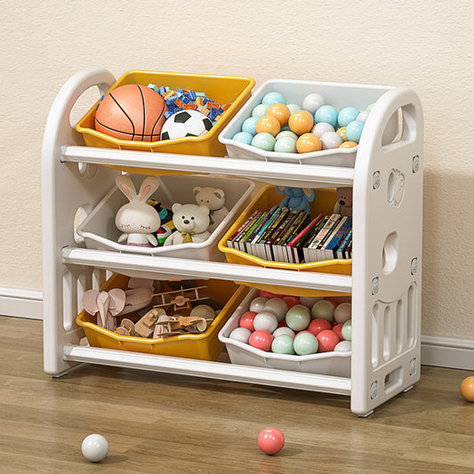 Kids Toy Storage Organizer with 6 Removable Bins and HDPE Shelves – Multi-Functional Nursery Storage Cabinet – Yellow & White Playroom Furniture