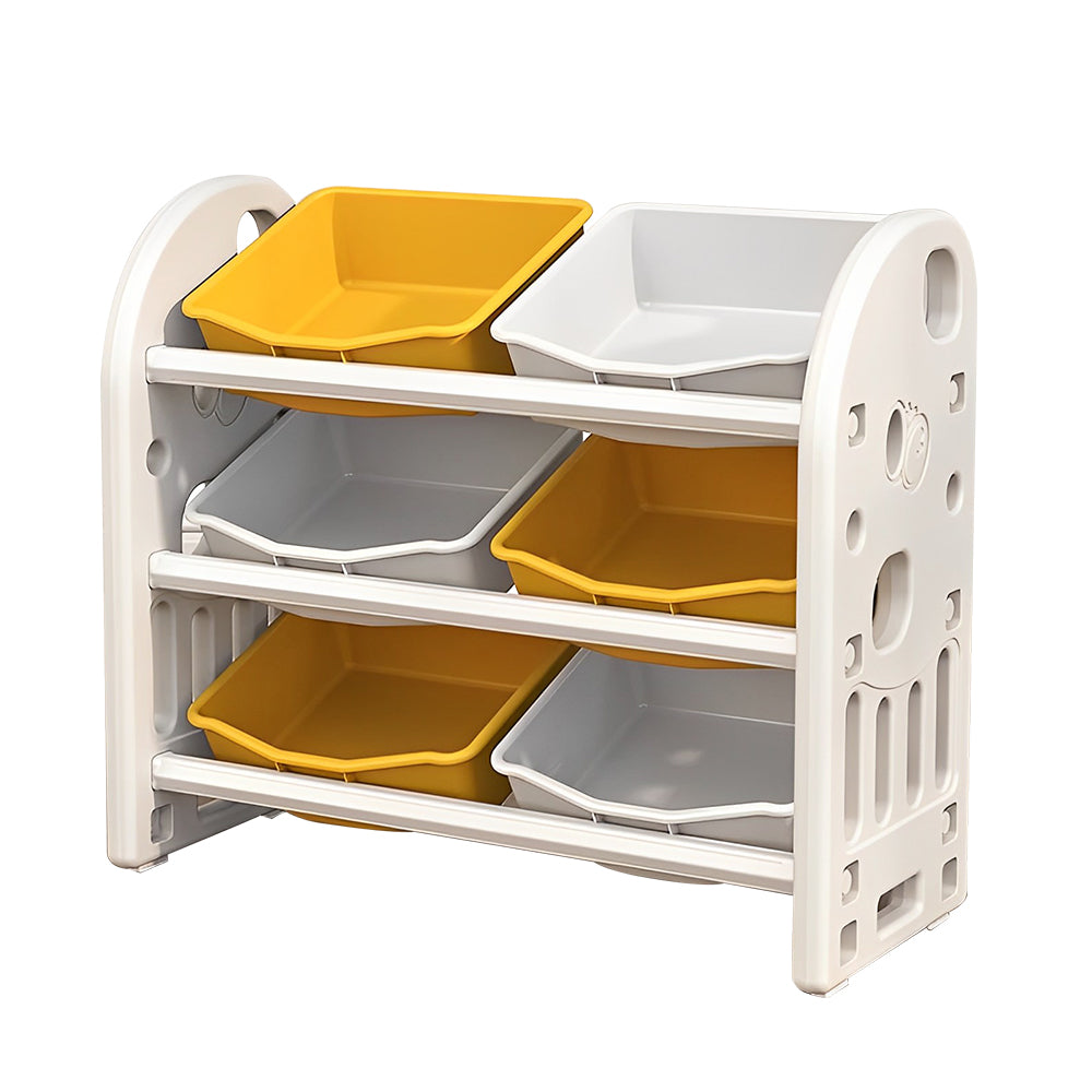 Kids Toy Storage Organizer with 6 Removable Bins and HDPE Shelves – Multi-Functional Nursery Storage Cabinet – Yellow & White Playroom Furniture