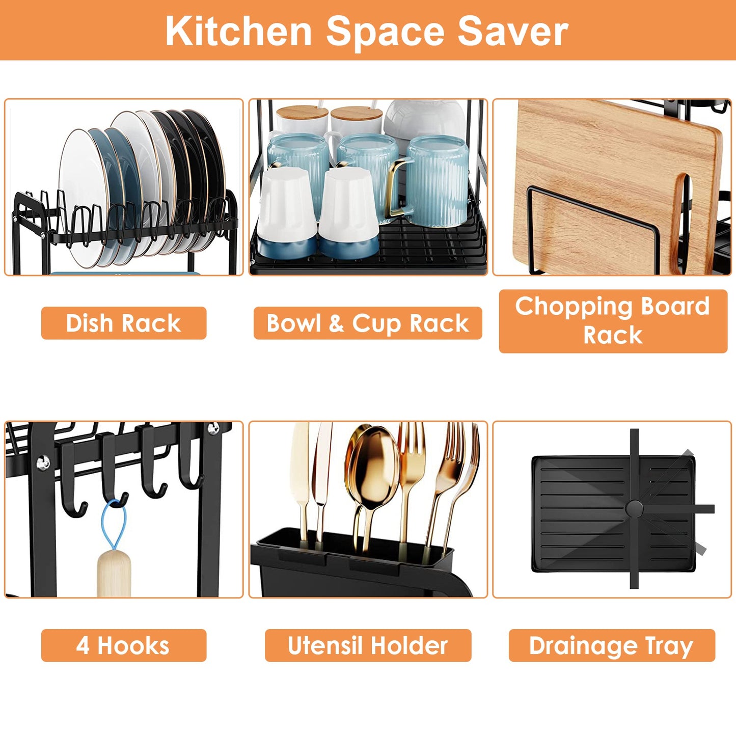 2-Tier Dish Drying Rack with Utensil Holder & Drainboard for Kitchen Counter