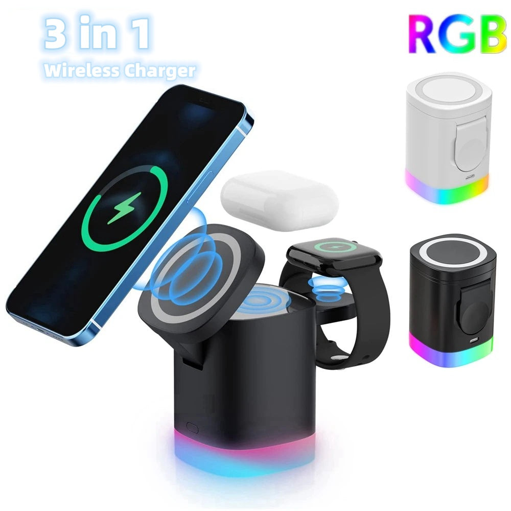 3-in-1 Magnetic Wireless Fast Charging Station with RGB Ambient Light for Smartphone, Apple Watch & AirPods