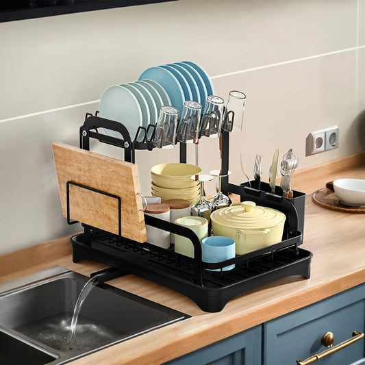 2-Tier Dish Drying Rack with Utensil Holder & Drainboard for Kitchen Counter
