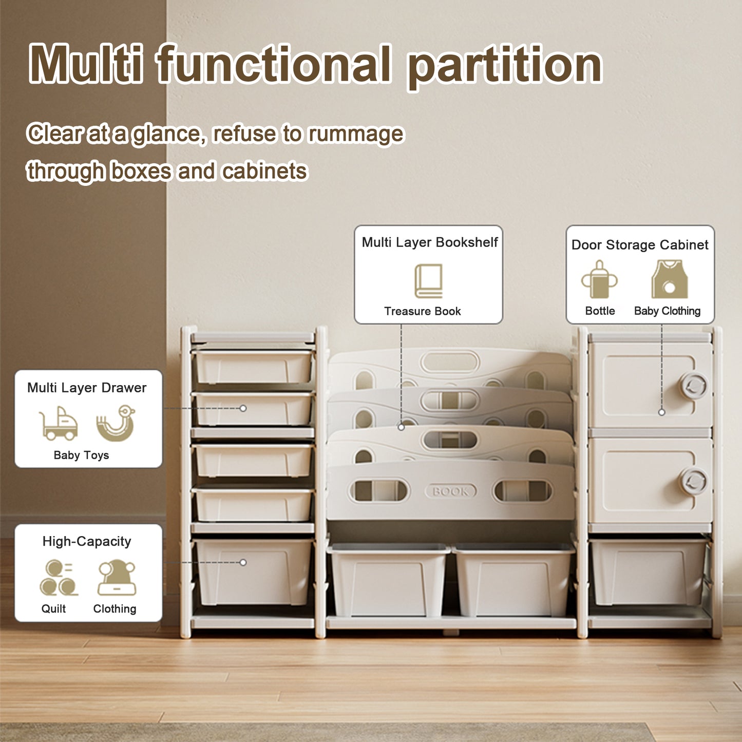 All-in-One Kids Playroom Organizer: 4-Shelf Book Display, 8 Toy Bins, and Double Storage Cabinets – Space-Saving Children’s Furniture