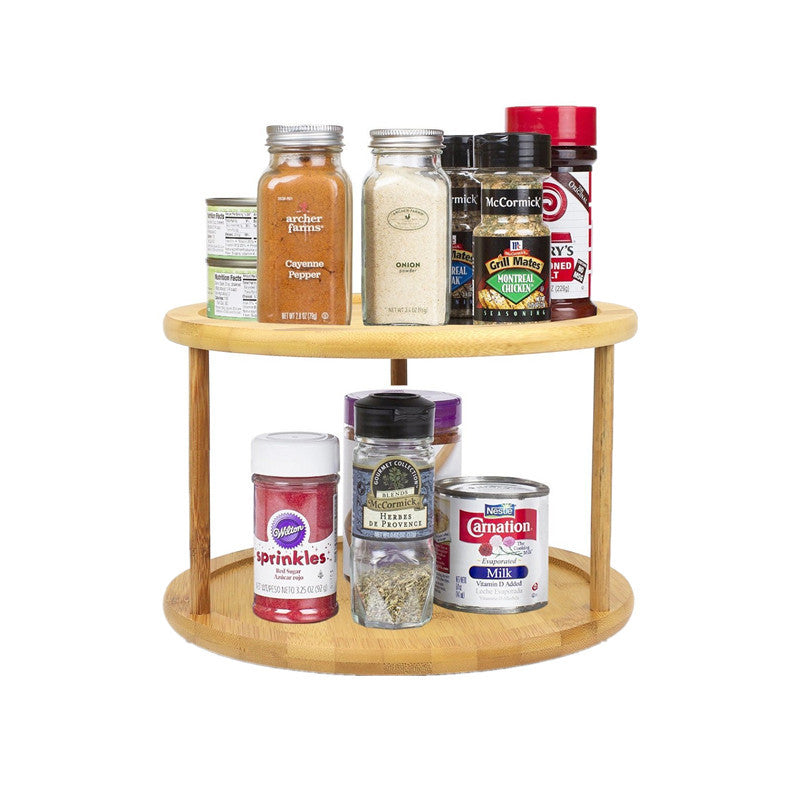 2-Tier Round Bamboo Turntable Cabinet Organizer - 360° Rotating Spice Rack and Kitchen Countertop Storage