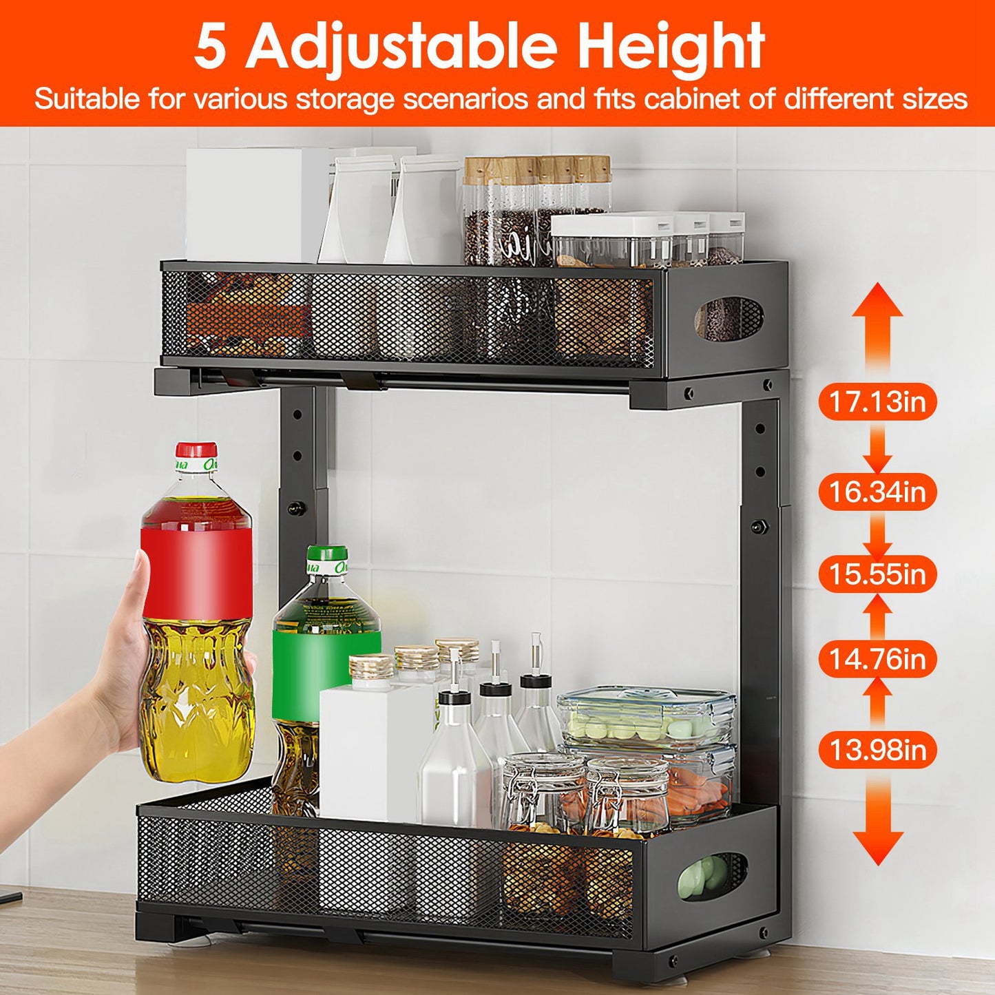 2Pcs Under Sink Organizer 2-Tier Pull-Out Storage Rack with Adjustable Mesh Baskets for Kitchen, Bathroom & Home Cabinet Storage