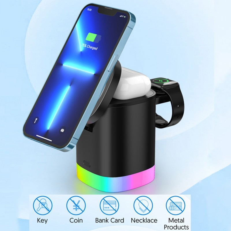 3-in-1 Magnetic Wireless Fast Charging Station with RGB Ambient Light for Smartphone, Apple Watch & AirPods