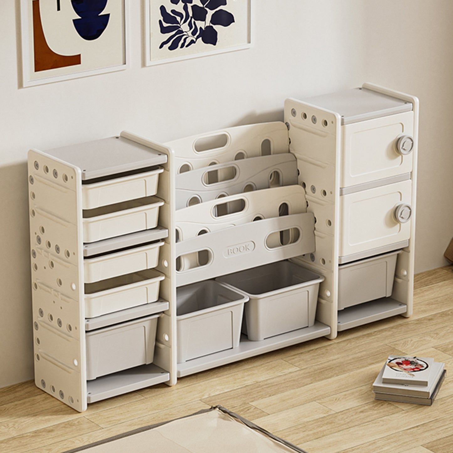 All-in-One Kids Playroom Organizer: 4-Shelf Book Display, 8 Toy Bins, and Double Storage Cabinets – Space-Saving Children’s Furniture