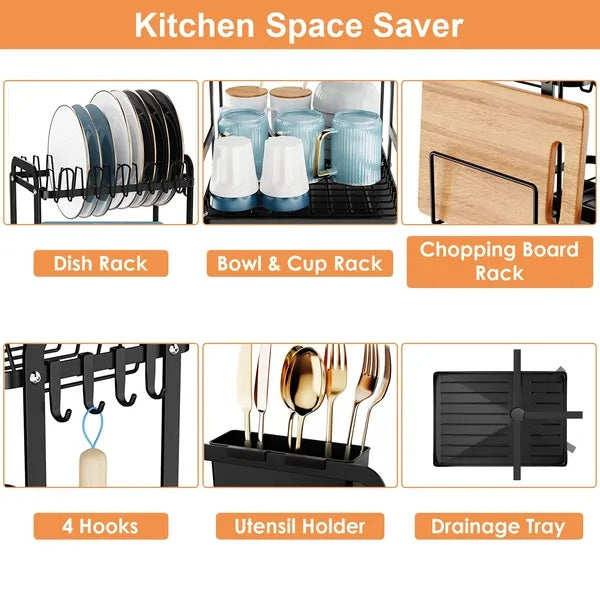 2-Tier Dish Drying Rack For Kitchen Counter Space Saving Rustproof Dish Rack With Drainboard Detachable Kitchen Drainer Organizer Set