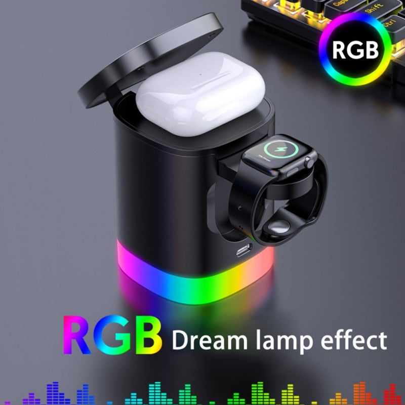 3-in-1 Magnetic Wireless Fast Charging Station with RGB Ambient Light for Smartphone, Apple Watch & AirPods