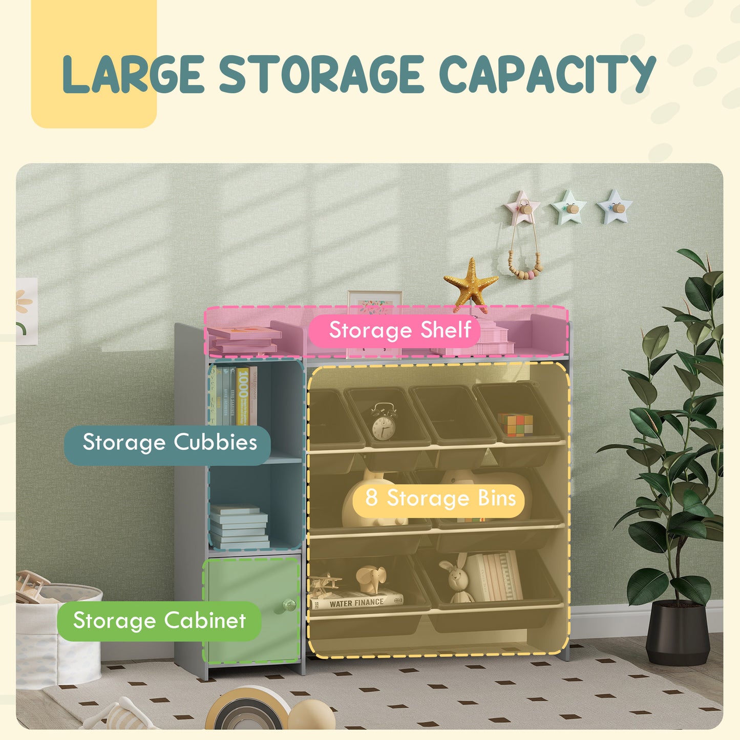 All-in-One Kids Toy Storage Organizer with 8 Removable Bins, 2 Storage Cubbies, Display Shelf, and Pull-Out Drawer – Gray Playroom Furniture