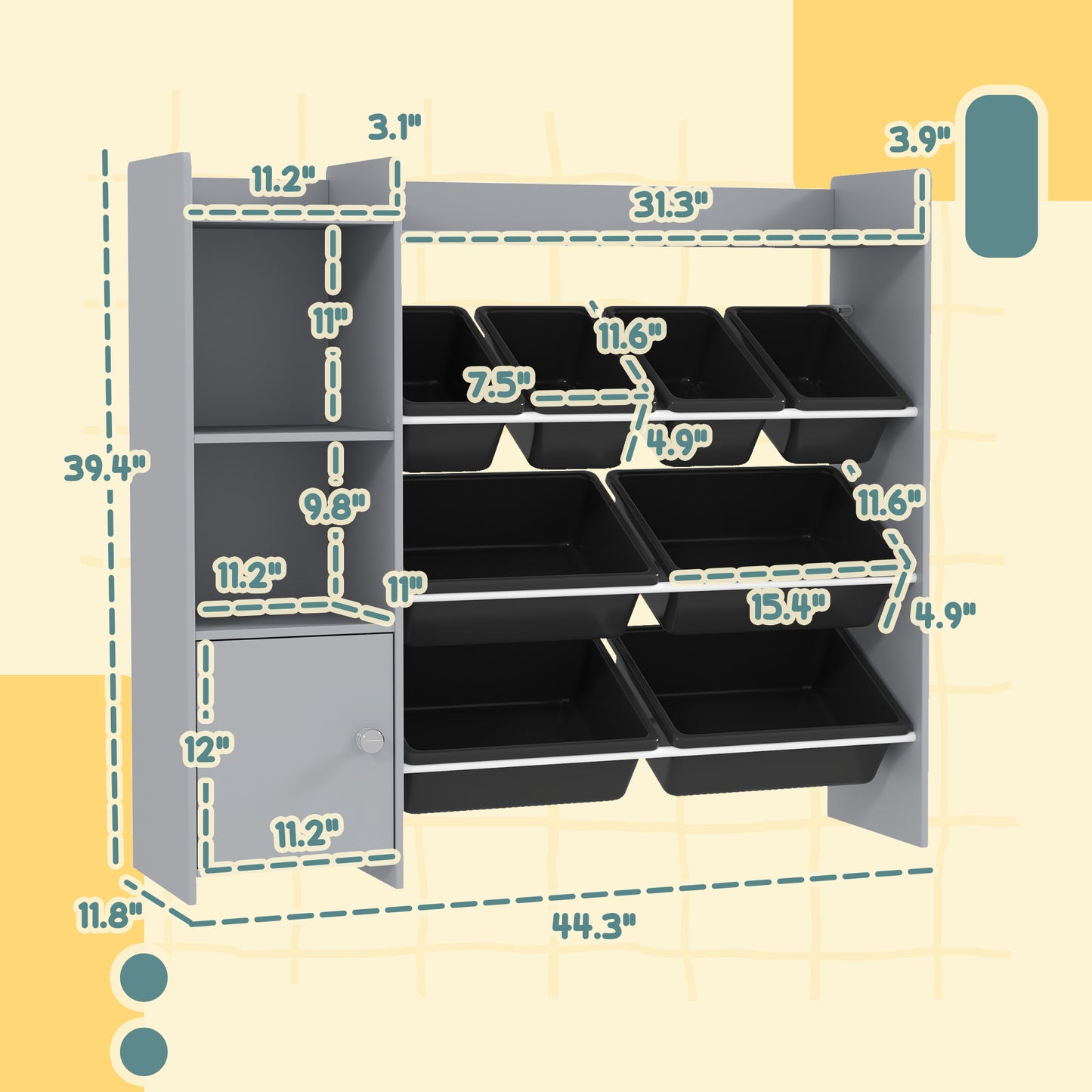All-in-One Kids Toy Storage Organizer with 8 Removable Bins, 2 Storage Cubbies, Display Shelf, and Pull-Out Drawer – Gray Playroom Furniture
