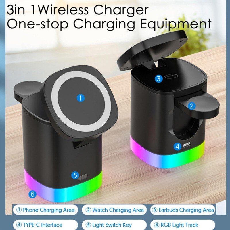 3-in-1 Magnetic Wireless Fast Charging Station with RGB Ambient Light for Smartphone, Apple Watch & AirPods